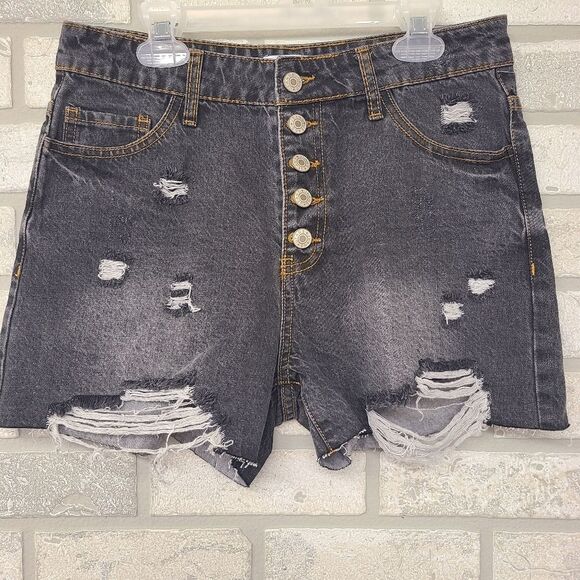 Macaron Distressed Button Fly Black Denim Jean Shorts Size Small - Picture 1 of 8